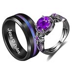 Personalized Matching Promise Rings for Couples Set with 2 Rings Wedding Rings Set for Him and Her Black and Purple CZ Engagement Rings for Women Custom Engraved Rings for Couples, Size 5-13 (Black-Couples)