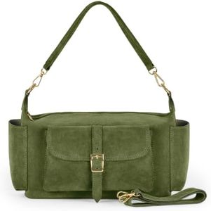 Italian Genuine Suede Shoulder Bag for Women with Outside Pockets & Dual Straps | Medium Rectangular Everyday Purse (Olive)