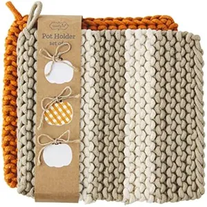Mud Pie Crochet Pot Holder Set, Taupe 8" x 8"