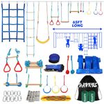 Ninja Warrior Kids Obstacle Course, 65 FT Durable Slackline with 7 Obstacles-Swings, Monkey Bars, Arm Trainers and More, Weatherproof Outdoor Obstacle Course for Backyard, Gym, Field