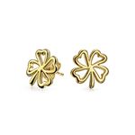 Luck of the Irish Celtic St. Patricks Day Shamrock Lucky Charm Two Tone Four Leaf Clover Stud Earrings For Women Teens Graduation 14K Yellow Gold Plated .925 Sterling Silver