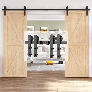 HomLxaLx 10ft Heavy Duty Sturdy Sliding Barn Door Hardware Kit, Double Door-Smoothly and Quietly, Easy to Install and Reusable - Fit 1 3/8-1 3/4" Thickness & 30" Wide Door Panel, Black(I Shape Hanger)