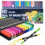 24 Dual Tip Colouring Pens Set, Fine Tip & Brush Markers for Adult Colouring Books, Kids Drawing, Sketching, Journaling, Calligraphy, Art Supplies, Felt Tip Pens with Fineliner, Creative Gift