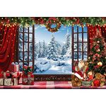 Ttincceer 15x10ft Christmas Backdrop Snow Scenery Outside the Window Photography Background Red Curtain Gift Box Christmas Photography Backdrop New Year's Party Decoration Banner