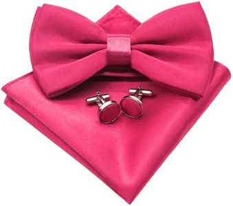 Luckyvestir Hot Pink Bow Ties for Men Solid Color Bow Tie Pre-tied Adjustable Bowties and Pocket Square Cufflink Set