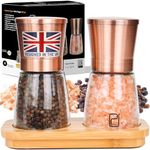 Premium Salt and Pepper Grinder Set w/Bamboo Holder - 6 oz, Copper Stainless Steel - S&P Spice Shakers - Refillable & Adjustable Coarseness Hand Mill for Spices & Seasonings - by PJC-Kitchen