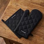 Encasa XO Heat Resistant 100% Cotton Oven Glove & Potholder Set with Loop, Kitchen Cooking Mittens, Microwave Safe Hot Pads (Full Black)