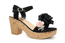 IVACHY Womens Wedge Ladies Summer Floral Sandal Espadrille Platform with Pearl Decoration Black