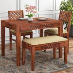 SM Arts Solid Sheesham Wood Dining Table 4 Seater | Four Seater Dinning Table with 2 Chairs & 1 Bench for Home | Chairs With Cushion | Wooden Kitchen Dinner Table 4 Seater | Dining Room Sets for Restaurants | Rosewood, Honey Finish