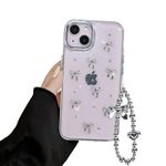 Reownest Compatible for iPhone 13/14 Case Glitter Clear Cute Bows Knot Ribbon Aesthetic Pattern Silver Heart Bowknot Chain Women Girls Soft TPU Bumper Camera Lens Protection Phone Case