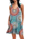 AUSELILY Beach Dress for Women Summer Casual Swing Dresses V Neck Cover up with Pockets Print Green XL