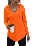 RIROW 2023 Comfy Hoodies for Women Pullover Long Sleeve Womens Tops V Neck Sweatshirt Waffle Neon Orange M