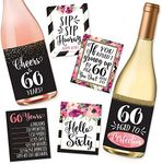 6 60th Birthday Wine Bottle Labels or Stickers Present, 1961 Bday Milestone Gifts For Her Women, Cheers to 60 Years Funny Sixty Chic Pink Black Gold Party Decoration Centerpiece Supplies For Wife, Mom