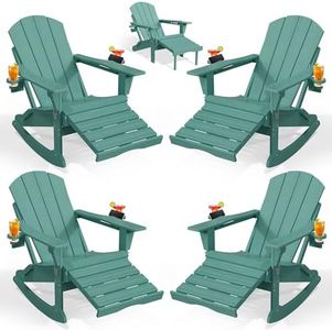 PLUUV Folding Adjustable Adirondack Rocking Chair Set of 4 with Retractable Ottoman and Cup Holders, Outdoor HDPE Adirondack Rocker Patio Chair, Wood-Like Reclining Adirondack Chair, Aruba