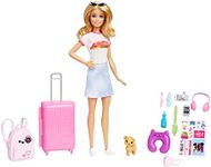 Barbie Doll and Accessories, “Malibu” Travel Set with Puppy and 10+ Pieces Including Working Suitcase, HJY18