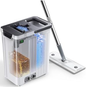 ADICOM Mop and Bucket Set | Auto-Spray Cleaning | Dirty Water Separation Keep Water Fresh | Flat Mop & Bucket with Scraper | 3x Washable Pads | High-efficiency Cleaning for All Floors Tile Wall Window