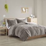 Intelligent Design Malea Shaggy Comforter Set, Long Faux Fur Cozy Down Alternative, Modern Casual Ultra Soft All Season Fluffy Bedding with Matching Sham, Full/Queen, Grey 3 Piece