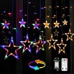 Color Changing Star Curtain Lights, Quntis 138LEDs 12 Christmas Curtain Lights with 11 Mode& Rem0te, Connectable Led Christmas Star Lights Outdoor Indoor for Window Bedroom Diwali Christmas Decoration