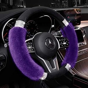 Achiou Steering Wheel Cover, Fluffy, Universal Rhinestone, Comfortable, Non-Slip Luxurious Faux Wool,Bedazzled Car Accessories for Women, Fits for 14.5 to 15 Inch