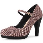 Allegra K Women's Houndstooth Platform Heels Mary Jane Burgundy Pumps 8 M US