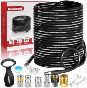 150 FT Sewer Jetter Kit for Pressure Washer, 5800 PSI High-Pressure Drain Cleaning Hose, 1/4 Inch NPT with 3 Nozzles, Watertight Tape, Handle Strap & 2 Spanners, Drain Cleaning Solution