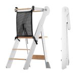COSYLAND Foldable Toddler Kitchen Stool with Safety Net, Height Adjustable Toddler Standing Tower for Kids, Portable Kitchen Tower Stool Helper for Learning SOR Certified (Snow&Natural)