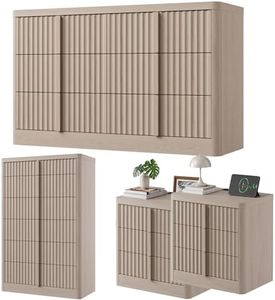 Fluted Dresser and Nightstand 4-Piece Bedroom Set, 47" Wide 6-Drawer + 49" Tall 6-Drawer Dresser and 2 of 3-Drawer Nightstand with Charging Station, Modern Bedroom Dressers Sets, Hallway, White Alder