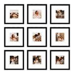 BSRHOME 8x8 Black Picture Frame Set of 9,Display Pictures 4x4 with Mat or 8 x 8 without Mat,Multi Collage Gallery Square Photo Frames for Wall or Tabletop