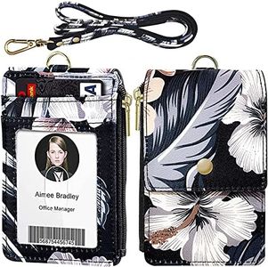 ELV Badge Holder with Zipper, ID Badge Card Holder Wallet with 5 Card Slots, 1 Side RFID Blocking Pocket and 20 inch Neck Lanyard Strap for Offices ID, School ID, Driver Licence