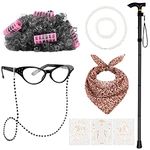 Hiwooii 10 Pieces 100 Days of School Old Lady Wig Halloween Granny Costume Set Glasses Chain Necklace Bracelet Kerchief Cane, Grey, Medium