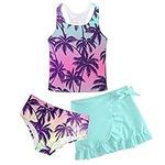 ALISISTER Girls Bathing Suit 3 Piece Hawaii Bikini Set Beach Swimsuit with Cover Up Skirt Sport Swimwear 12-13 Years