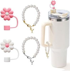 LUHOHI 4pcs Charms for Stanley Cup，Pearl Chain Accessories Stanley Cup Initial Letter Charms for Handle with 2pcs straw covers Stuff Decor Water Bottle Jewelry Tumbler Personalized Decorations ID Y