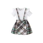 Little Girl Skirt Outfits Ribbed Knit Ruffle Shirt and Plaid Suspender Skirt Set Kids 2Pcs Summer Clothes(4-5T,Green)