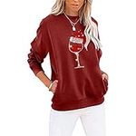 Fuyxxmer Womens Christmas Sweatshirt Red Wine Glass Santa Hat Graphic Sweater Long Sleeve Pullover Blouse Tops with Pockets