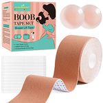 Boob Tape, Breast Lift Tape, 8M Invisible Bob Tape with Reusable Silicone Nipple Covers & Double Sided Body and Clothing Tape, Skin -friendly Waterproof Sweatproof, for Women