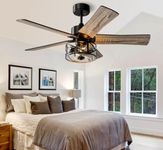 Farmhouse Ceiling Fan with Lights, 48 Inch Vintage Ceiling Lights with Remote Control, Glass Cover, 5 Dual-side Finishes Plywood Blades, Quiet DC 6 Speed Motor, Timing, for Home Outdoor Indoor, Black