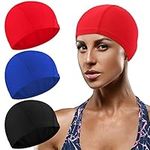 3 Pcs Elastic Swim Caps Comfortable Fabric Swimming Hat Unisex Bathing Caps Anti Slip Swimming Pool Caps for Women Men Kids (Solid Pattern,Black, Red, Navy Blue)