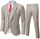 MYS Men's 3 Piece Slim Fit Suit Set, One Button Solid Jacket Vest Pants with Tie Beige