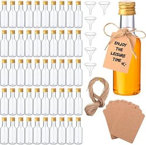 Yinder 100 Pcs Mini Liquor Bottles Set, 1.7oz Mini Empty Plastic Alcohol Shot Bottles, Airtight Spirit Bottle Caps, 6 Pcs Funnels, 100 Pcs Kraft Tags 65 ft Rope for Party Wedding (Gold Caps) LT-2134