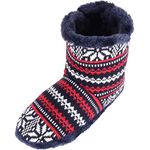 SNUGRUGS Mens Knitted Style Slipper Boots/Booties with Warm Faux Fur Lining - Navy/Red - 11 UK