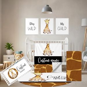 Terwex Personalized Crib Bedding Set, 5 Pcs Custom Name Nursery Bedding Sets, Giraff Infant Bedding Set for Boys Girls, Double Layer Flannel Baby Crib Set, Customized Gifts for Babies Toddlers Kids