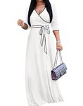 FANDEE Maxi Dress for Women 3/4 Sleeve Casual Maxi Dresses V Neck Wrap Semi-Formal Church Dress with Pocket&Belt, White, L