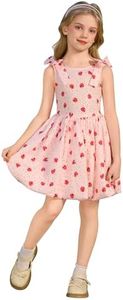 Girl's Summer Retro Strawberry Bubble Dress Shirred Back A-line Casual 1950s Vintage Style Graduation Dresses for Girls Tea Party Holiday Birthday Photo Shoot Wedding Back to School Pink 8-9 Years