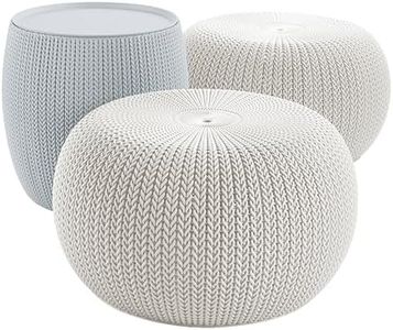 Keter Urban Knit Pouf Ottoman Set of 2 with Storage Table for Patio and Room Décor-Perfect for Balcony, Deck, and Outdoor Seating, Grey & White, 22.30 x 22.30 x 25.00 Inches