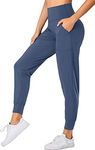 Oalka Women's Joggers High Waist Yoga Pockets Sweatpants Sport Workout Pants, Ink Blue, Medium