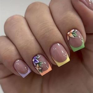 GlamRays Lot de 24 Faux Ongles Carrés Courts Français à Motifs Floraux avec Finition Brillante en Acrylique - Ensemble Couleurs Printanières pour Manucure Femme