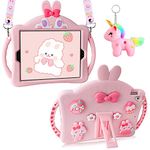 Vofolen for iPad 6th Generation Case with Kickstand/Lanyard/Keychain/Handle iPad Air 2 Case Cute Rabbit Soft Silicone Shockproof Tablet Protective Cover for iPad 5th Gen 9.7 inch Pink