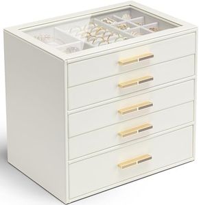 Vlando 5 Layer Jewelry Box for Women, Glass Lid Jewelry Organizer with 5 Drawers for Necklaces Rings Earrings Bracelets - White