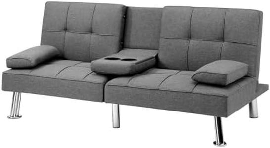 OIKITURE 3-Seater Sofa Bed, Futon Couch with Adjustable Backrest and Detachable Armrest, Convertible Sofa Couch with Cup Holder for Home Living Room, Bedroom, Linen Fabric, Grey