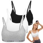 ueslwser 3 Pcs Teen Girls Bra, Girls Sports Bras Age 10-11, Kids Training Bra with Removable Pad for Age 10-15 Years Girls Bras Cotton Teenage Underwear,Girls Crop Top for Kids Black White Grey